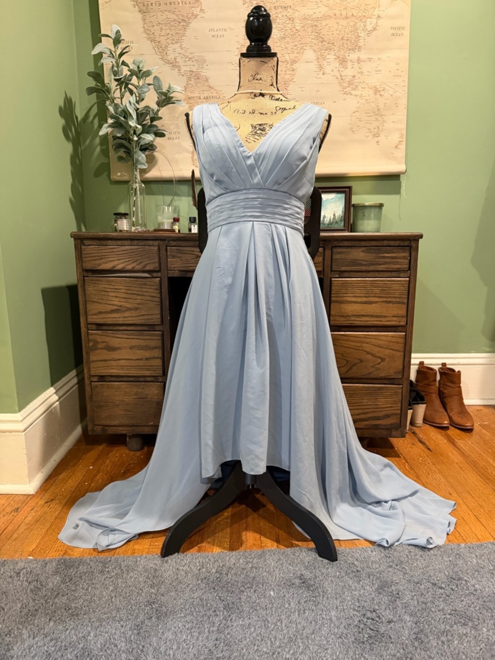 V-neck Light Blue Chiffon A-Line Dress